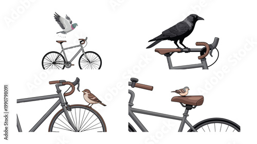 Birds and Bicycles: A whimsical collection showcasing different bird species perched upon elegant bicycles, celebrating the harmonious blend of nature and modern transportation.