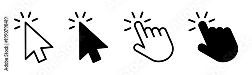 Click cursor mouse icons, arrow and hand pointer, computer cursor mouse signs