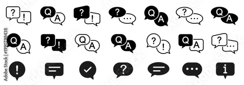 FAQ icons set, question and answer in speak bubble form