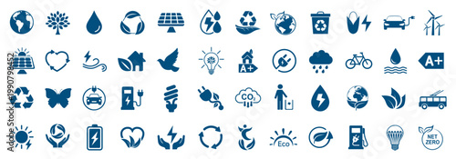 Blue environmental icons representing nature conservation sustainability, wildlife protection, renewable energy concept
