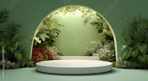 Enchanting Botanical Display Stage with Lush Greenery and Archway.