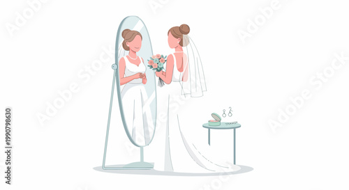 Bride Looking in Mirror Holding Bouquet.