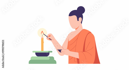 Buddhist monk lighting a candle in a temple ceremony.