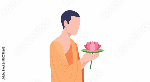 Buddhist monk holding a pink lotus flower in prayer.