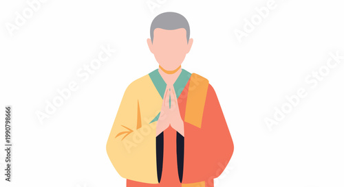 Buddhist monk praying with hands together in traditional robes.