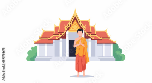 Buddhist Monk Praying in Front of Temple.