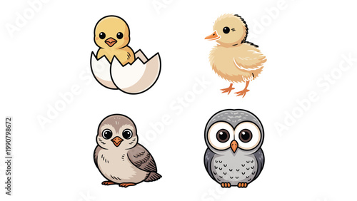 Set of Baby Birds: A heartwarming illustration showcases an adorable collection of baby birds, capturing their innocence and charm. 