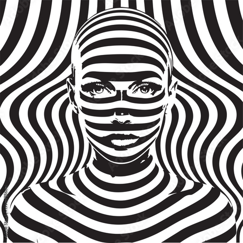 A woman with a shaved head and black and white stripes painted on her face and body stands in front of a wavy striped background, creating a surreal and artistic portrait.