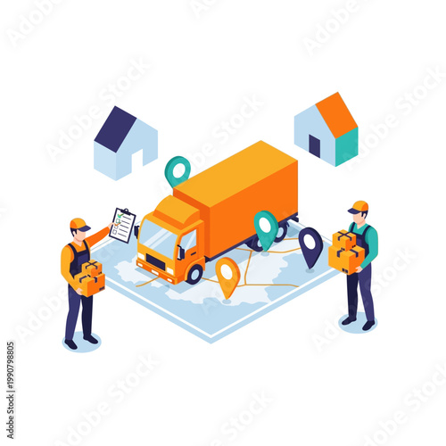 Delivery service concept with truck, couriers, packages, and location pins on a map.