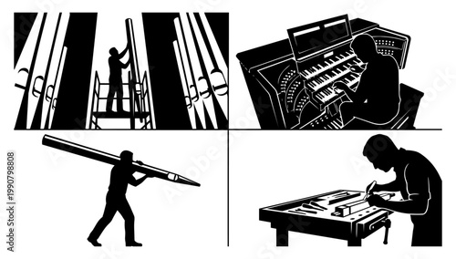 Construction and carpentry activities illustrated in clean silhouette line illustration style for building process visuals manual work and industrial task reference