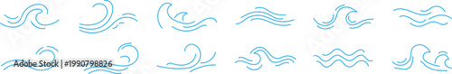 Water wave, sea wave set. Zigzag line. Water logo. Water logo, line ocean symbol in vector flat style. Ocean, sea waves symbols set. Sea waves blue line icon set. Zigzag water waves line icons