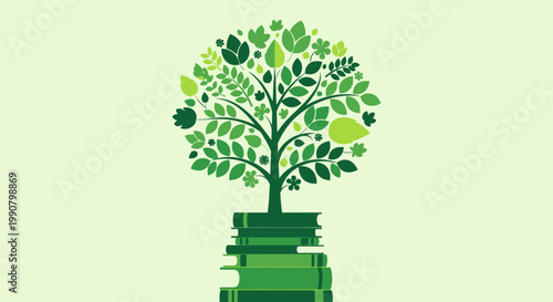 Green Tree Growing on Stack of Books Symbolizing Education and Environment in Bright Studio