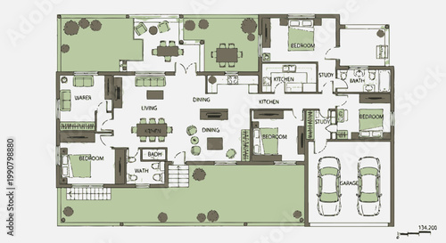 Detailed House Floor Plan with Rooms and Furniture Layout in Bright Studio
