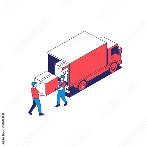 Two movers in uniform loading boxes into the back of a red delivery truck, isometric illustration.