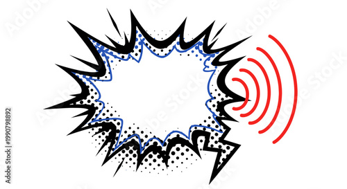 Comic Sound Effect Speech Bubble with Explosion and Sound Waves on Isolated White Background