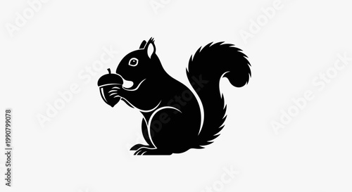 Black Squirrel Silhouette Holding Nut, Isolated White Background