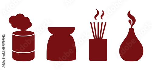 Aromatherapy icon set with incense sticks and essential oil burner, dark red spa wellness symbols, minimalist fragrance diffuser vector illustrations