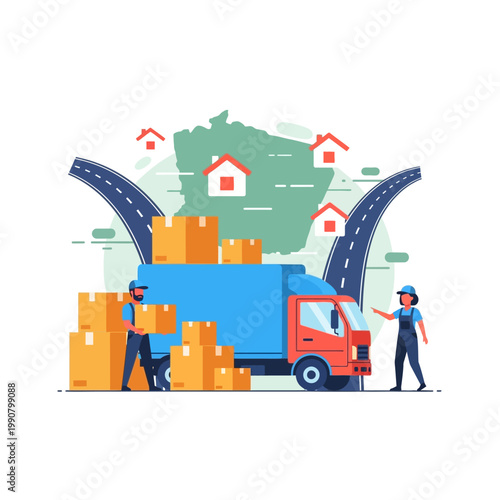 Movers loading boxes onto a truck with houses and roads in the background, symbolizing relocation and transport services.