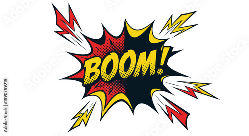 A vibrant pop art comic book explosion illustration featuring a 3d yellow burst with super hero boom and bang word labels for a new price sale sign vector icon design