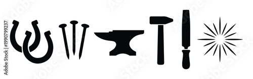 Blacksmith tools silhouette vector set, vintage forge equipment icons, horseshoe and anvil metalwork symbols, industrial craft workshop elements