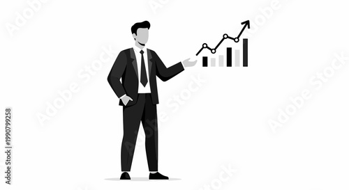 Businessman pointing at growing financial graph and bar chart.