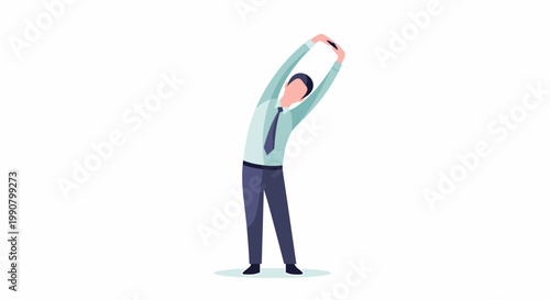 Businessman stretching arms overhead in office attire.