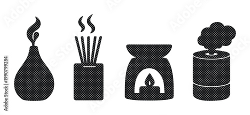 Aromatherapy icon set with scented candle, incense sticks, essential oil burner and diffuser, black silhouette spa wellness vector elements