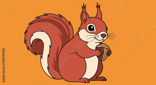 A cute cartoon vector illustration of a happy squirrel rodent with a nut and acorn featuring a funny tail and fluffy fur designed in a nature art style similar to a pet kitten or fox