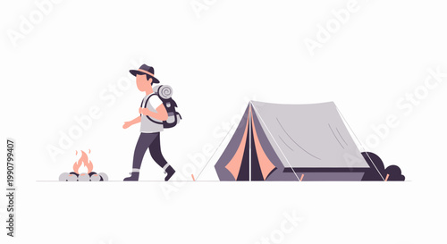 Adventurer walking past campfire and tent on white background.