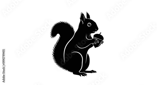 A cute cartoon vector illustration of a funny wild squirrel with a nut and a long tail designed as a black silhouette rodent icon isolated on a white background