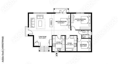 Detailed floor plan of a residential house showing multiple rooms including living room, bedrooms, kitchen, and bathrooms with dimensions.
