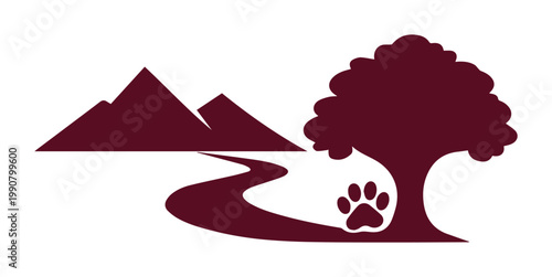 Minimalist mountain landscape logo with paw print, burgundy nature silhouette featuring winding path and oak tree, pet friendly hiking trail icon