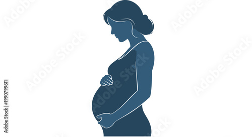 A serene silhouette of a pregnant woman gently cradling her baby bump, depicted in a calming blue hue against a clean white background.