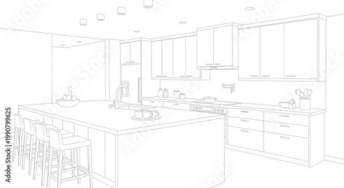 Architectural line drawing of a modern kitchen interior with an island, bar stools, and various appliances.