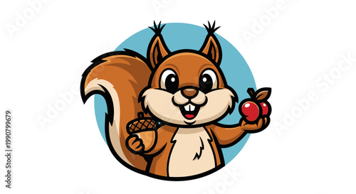 A cheerful cartoon squirrel holding an acorn and a red apple, set against a light blue circular background, depicting a happy and friendly animal character.