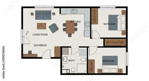 A detailed floor plan showing a two-bedroom apartment layout with living room, kitchen, and two bathrooms.