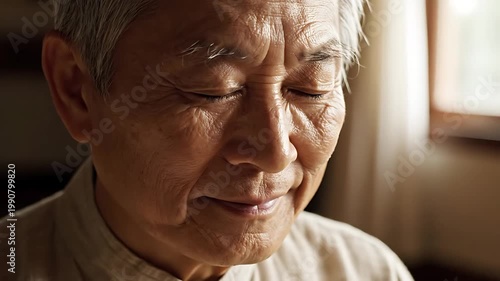 Elderly man with closed eyes smiling.