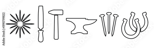 Blacksmithing tool icons set, vintage metalwork equipment vector, blacksmith anvil hammer and horseshoe outlines, industrial craft workshop elements