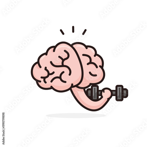 Cute Cartoon Brain Lifting Dumbbell for Mental Health and Brain Training Concept
