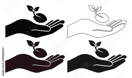 Minimalist hand holding sprout icons, environmental growth and sustainability symbols, set of 4 black vector plant care illustrations for ecology branding