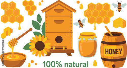 Organic honey and beekeeping collection featuring wooden beehive honey jars sunflowers and bees for natural food product packaging and farm market flat vector illustration