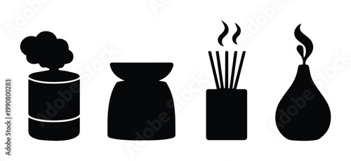 Aromatherapy home fragrance icon set, black silhouette incense burner and reed diffuser vectors, essential oil candle and air freshener collection
