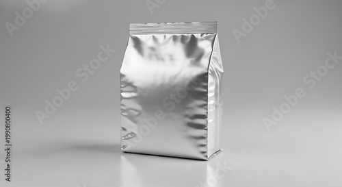 A shiny silver foil bag on a gray background