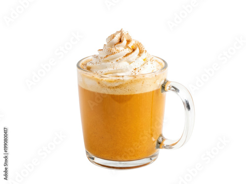 Canvas Print Warm pumpkin spice latte topped with whipped cream and cinnamon in a glass mug h