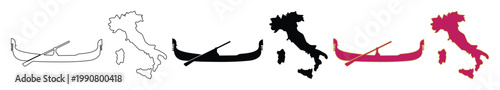 Italian travel icons set, gondola boat and Italy map silhouettes, black and red vector graphics for tourism and vacation design