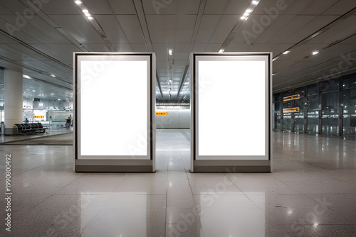 Two blank billboards in a modern airport terminal.