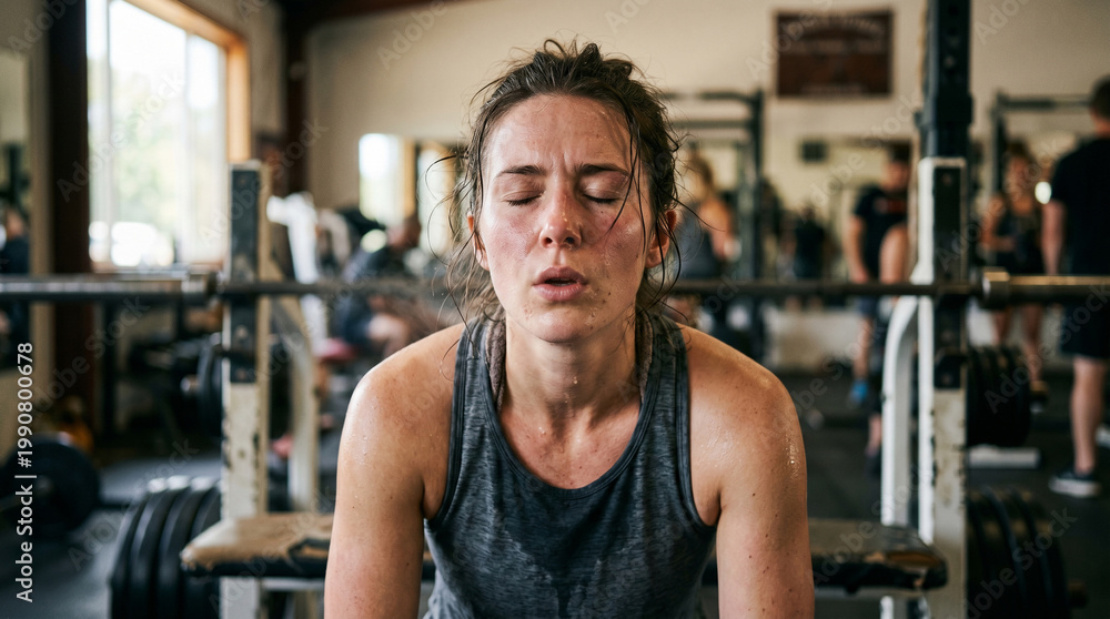 Fototapeta premium Sweaty exhausted woman resting after a workout session at a gym, suitable for fitness and health promotion