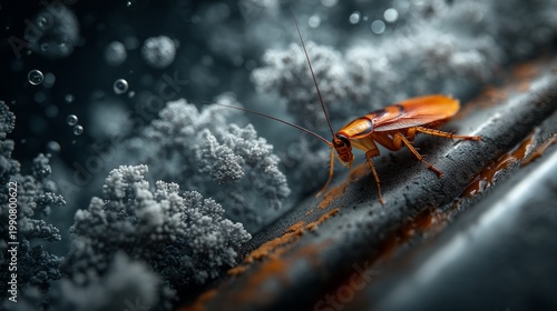 Close-Up of a Cockroach Crawling Along Kitchen Drain Channel Surrounded by Dirt
