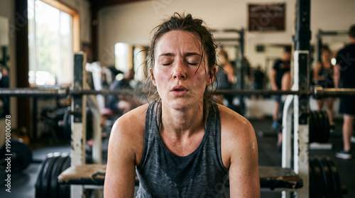 Sweaty exhausted woman resting after a workout session at a gym, suitable for fitness and health promotion