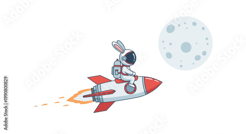 Cute cartoon rabbit astronaut riding a rocket ship towards the moon, space exploration and adventure concept